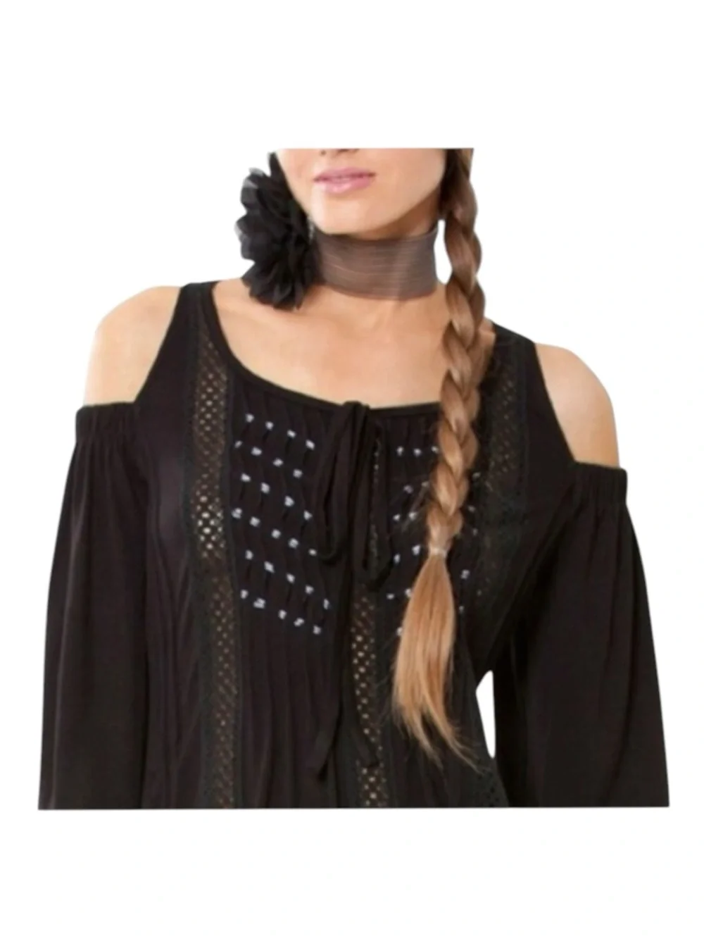 new Hale Bob ༄ Shaina Silk Crochet Cotton Voile Cold Shoulder Top ༄ Black XS - Picture 4 of 16